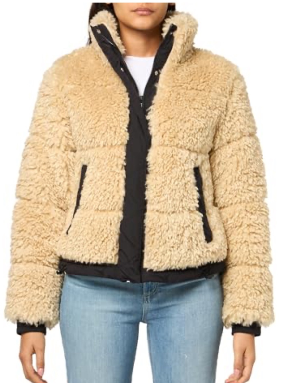 HUGO Fenella Cream Shaggy Faux-Fur Teddy Jacket with Black Trim